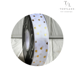 Стрічка атласна 2,5 см біла в золоте сердечко , 30 м