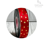 Стрічка атласна 2,5 см червона в золоте сердечко , 30 м